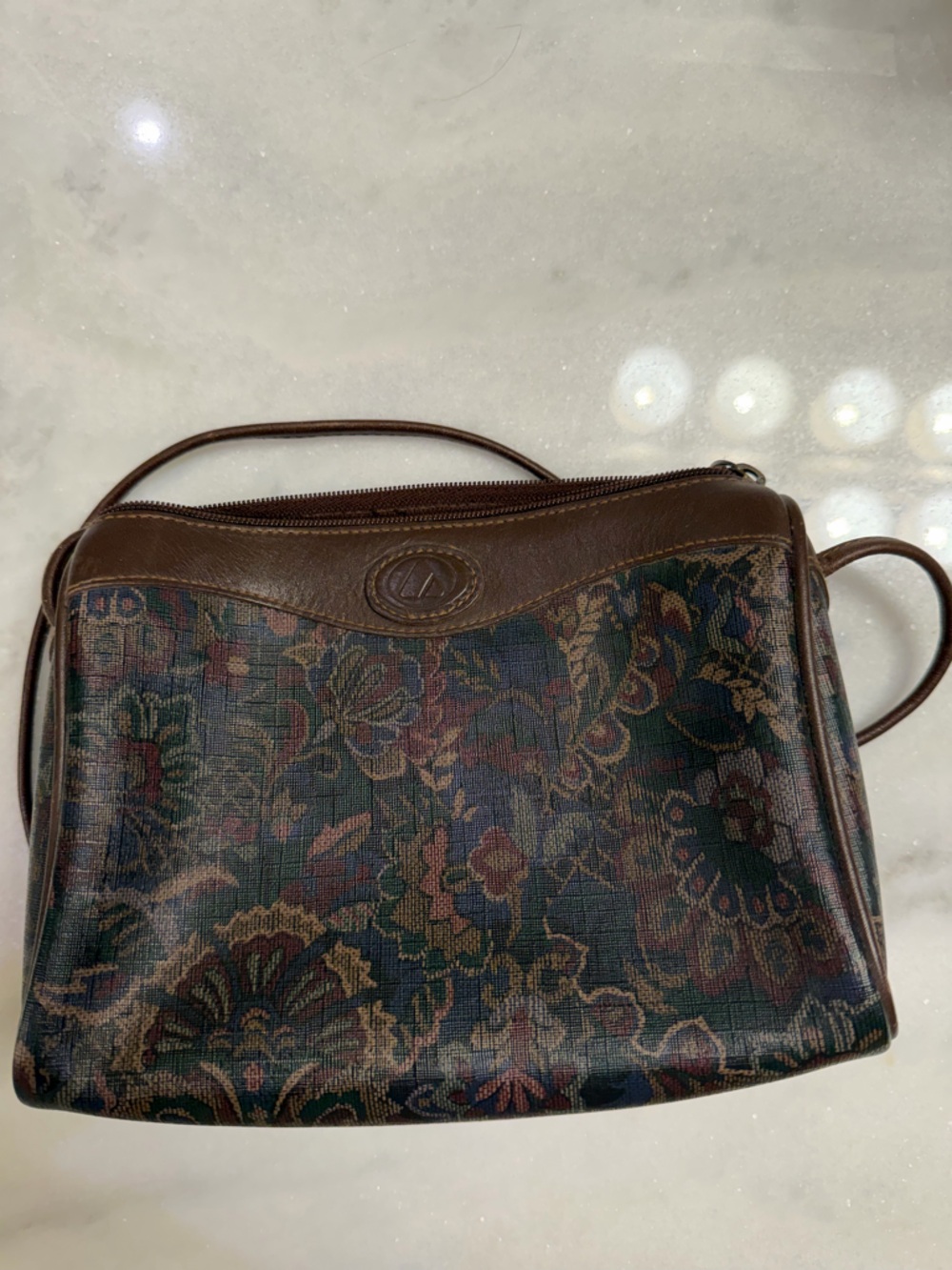 Vintage 1989 Liz Claiborne Brown Floral Paisley Crossbody Top Zip Purse PVC